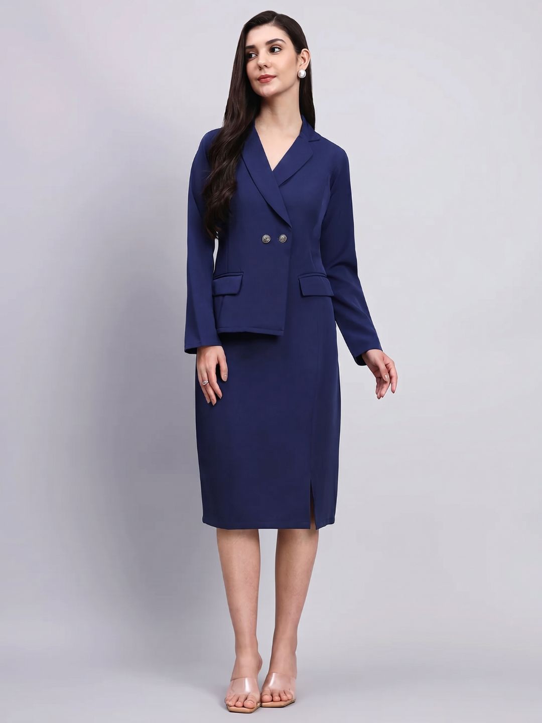 Women Navy Blue Stretch Blazer Midi Dress