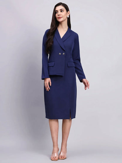 Women Navy Blue Stretch Blazer Midi Dress