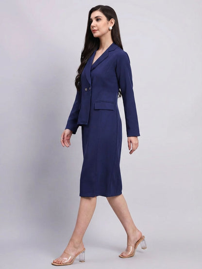 Women Navy Blue Stretch Blazer Midi Dress