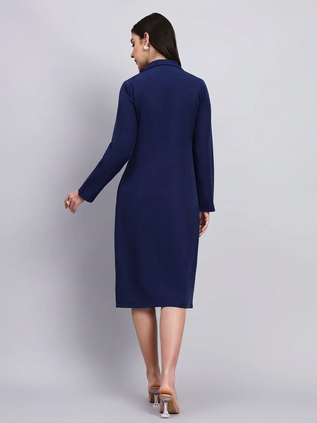 Women Navy Blue Stretch Blazer Midi Dress