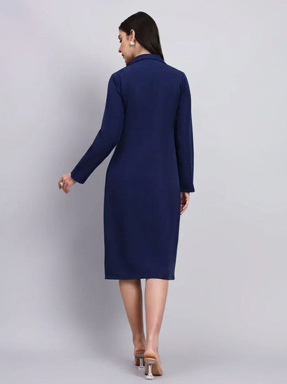 Women Navy Blue Stretch Blazer Midi Dress