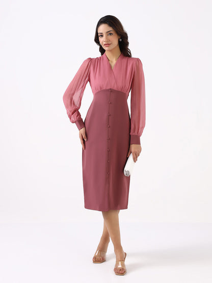 Women Dusty Pink Stretch Sheath Midi Dress