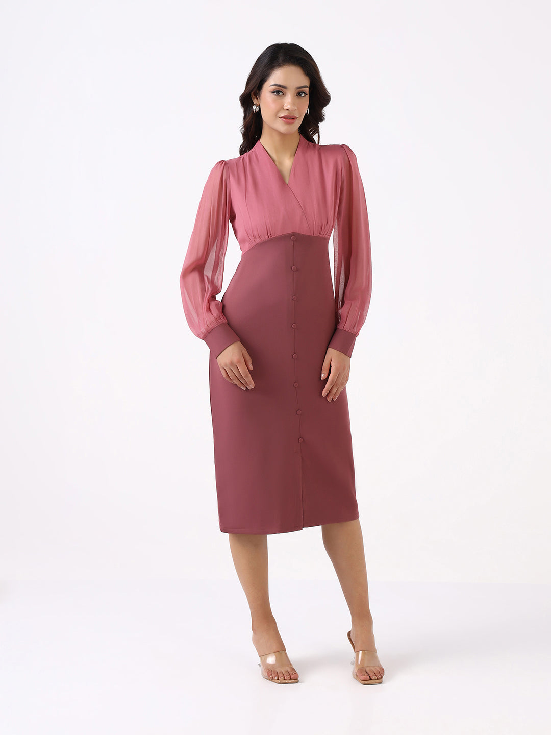 Women Dusty Pink Stretch Sheath Midi Dress