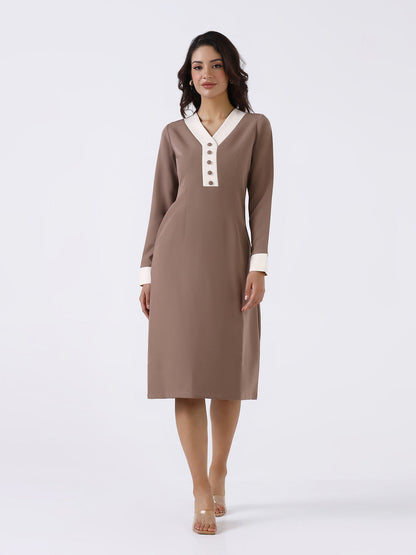 Women Beige Stretch A-Line Midi Dress