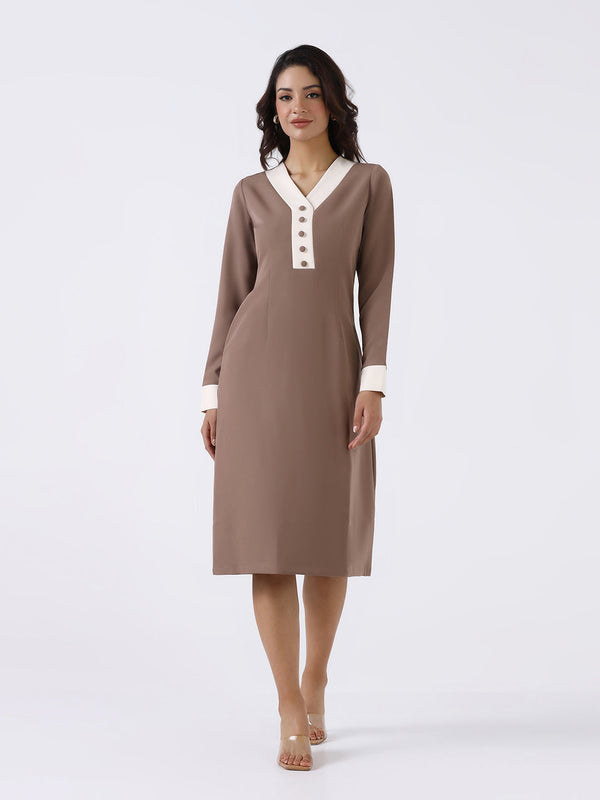 Women Beige Stretch A-Line Midi Dress