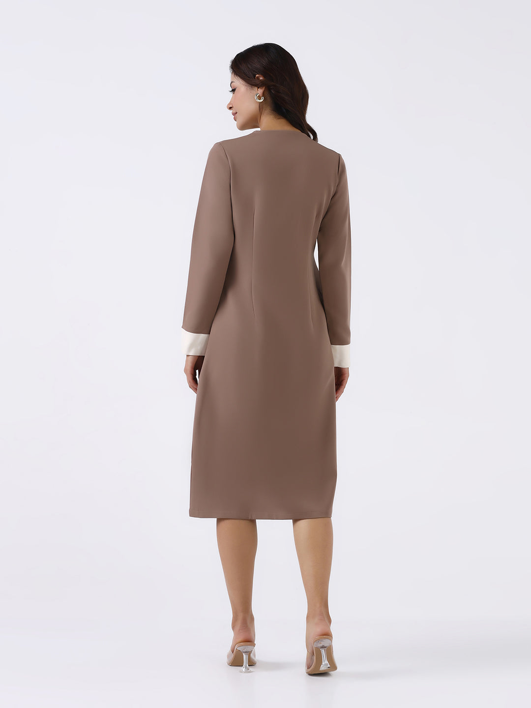 Women Beige Stretch A-Line Midi Dress