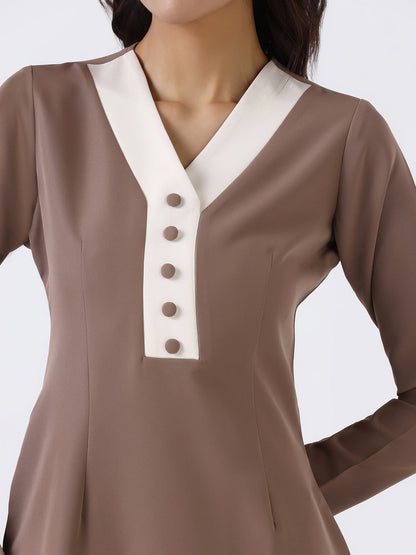 Women Beige Stretch A-Line Midi Dress