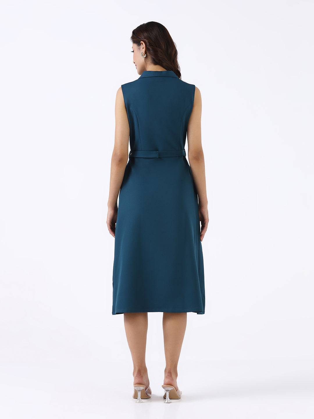 Women Teal Structured Stretch Flared Midi Dress