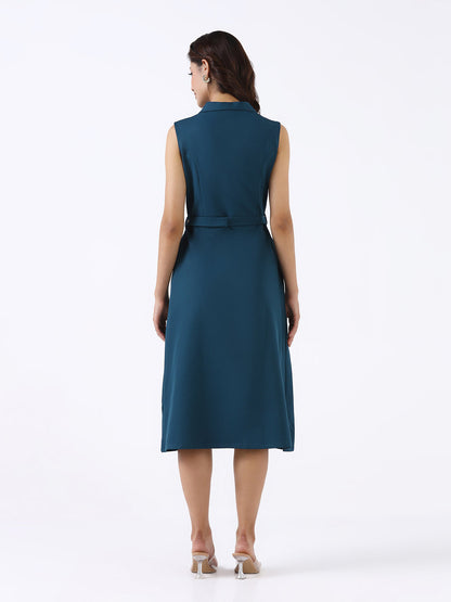 Women Teal Structured Stretch Flared Midi Dress