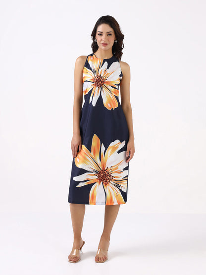 Women Navy Blue Midnight Bloom A-Line Dress