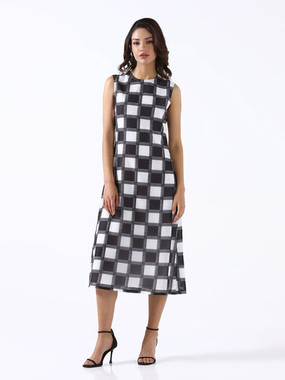 Women Black & White Non-Stretch A-Line Midi Dress