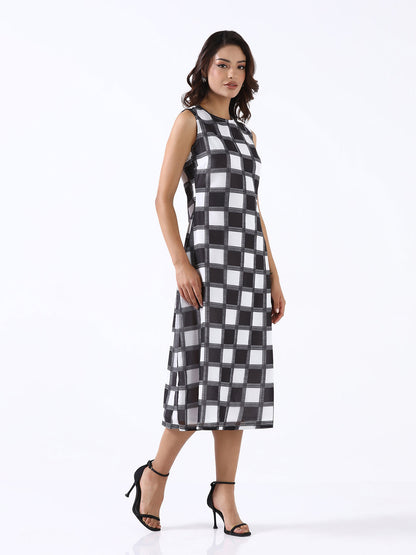 Women Black & White Non-Stretch A-Line Midi Dress