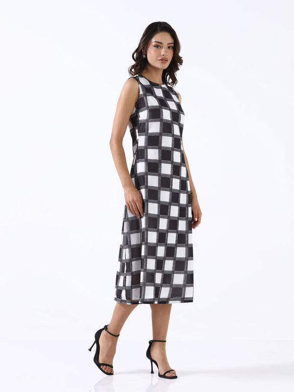 Women Black & White Non-Stretch A-Line Midi Dress