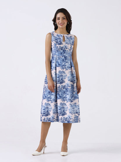 Women Blue Scenic Printed  A-Line Midi Dress