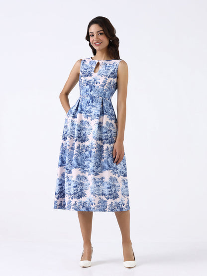 Women Blue Scenic Printed  A-Line Midi Dress