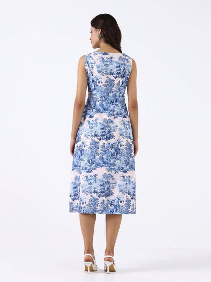 Women Blue Scenic Printed  A-Line Midi Dress