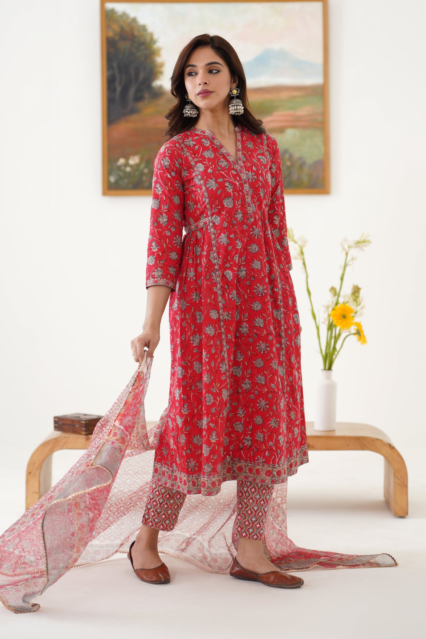 Murraya Red Poinsettia Gathered Kurta Set of 3