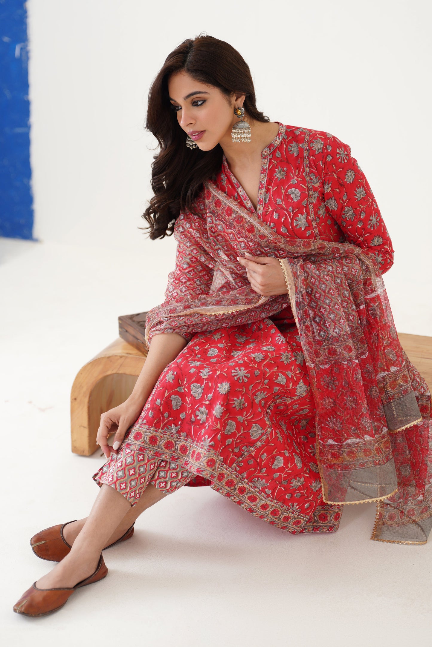 Murraya Red Poinsettia Gathered Kurta Set of 3