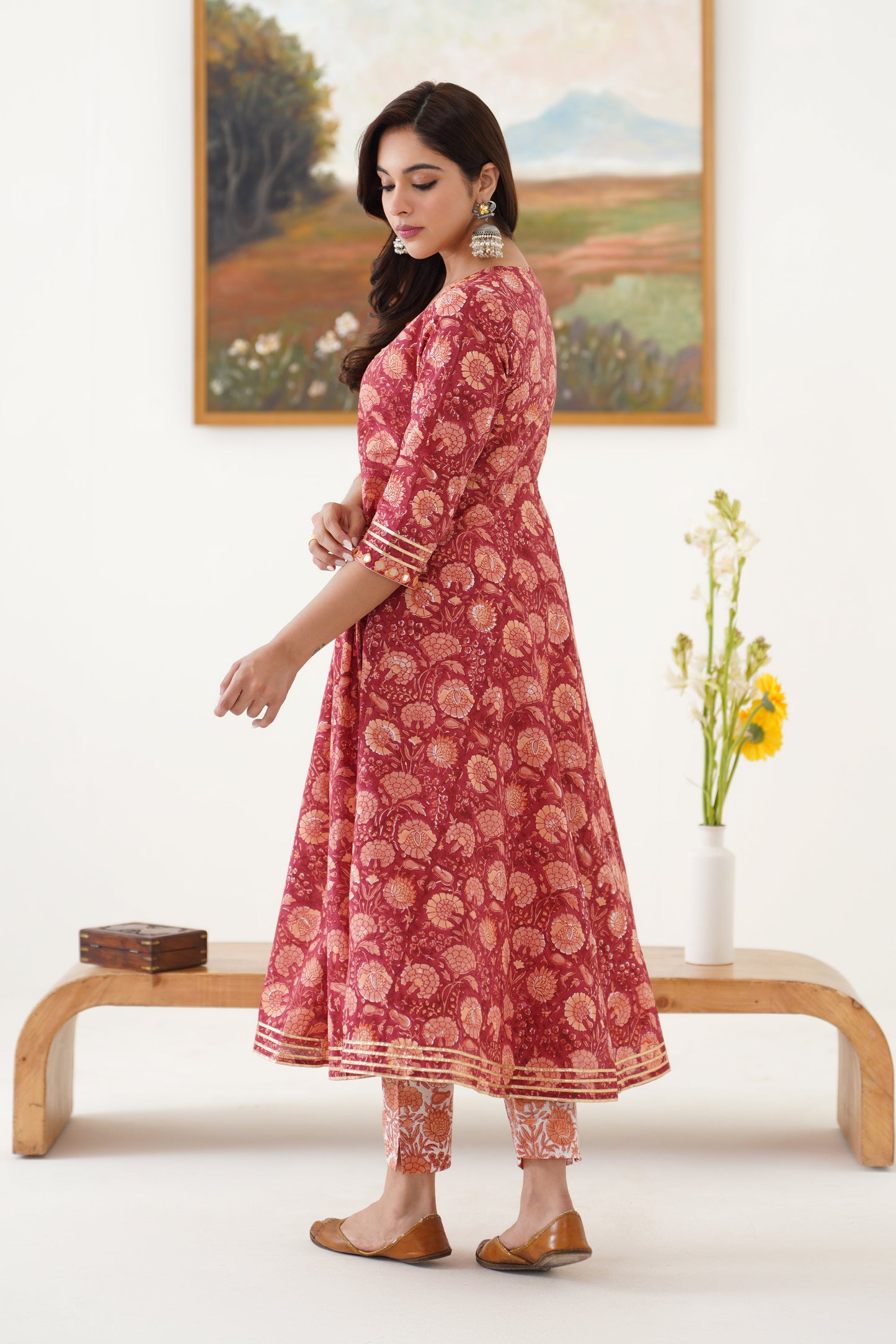 Murraya Red Valentina Mirrorwork Anarkali Set of 3