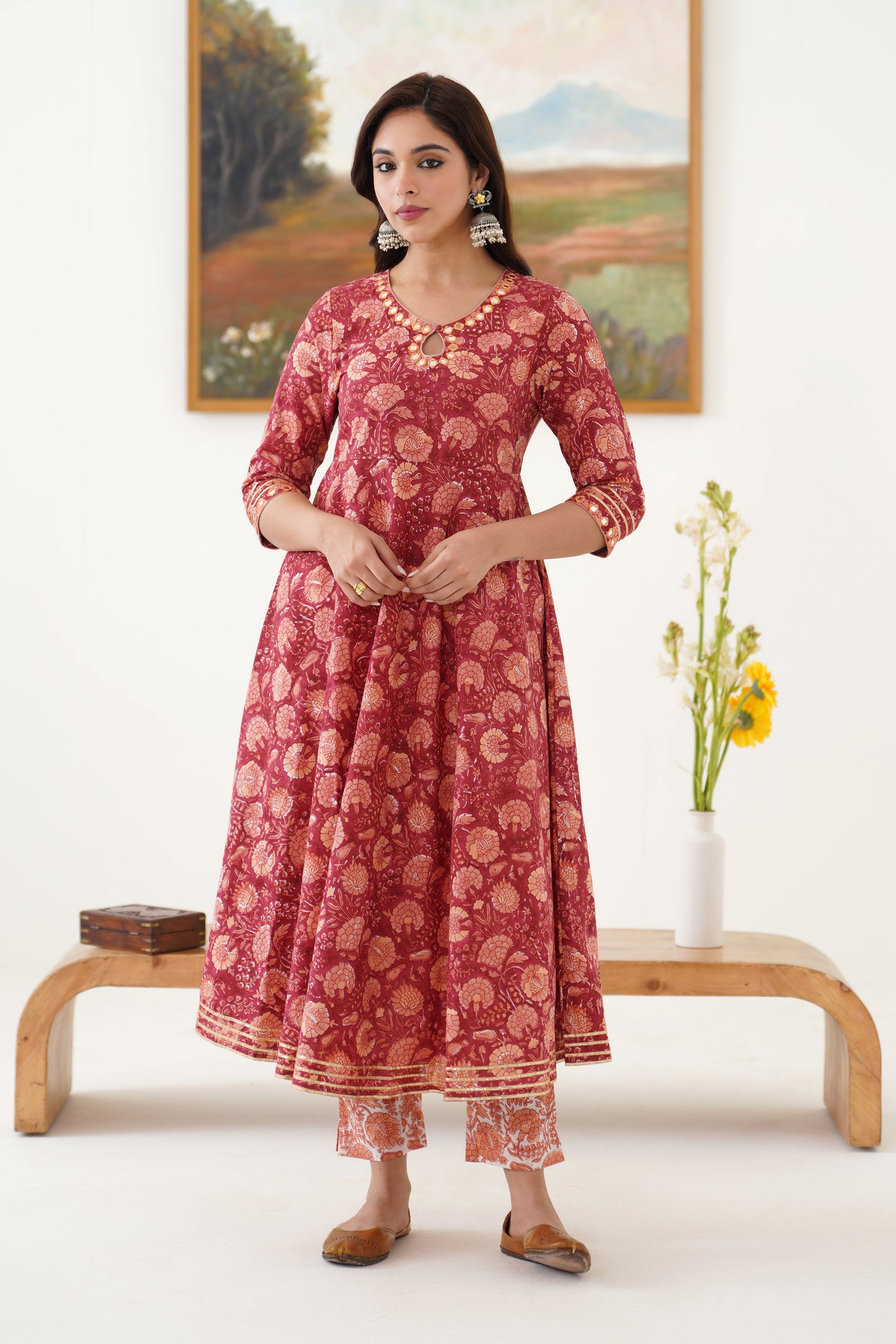 Murraya Red Valentina Mirrorwork Anarkali Set of 3