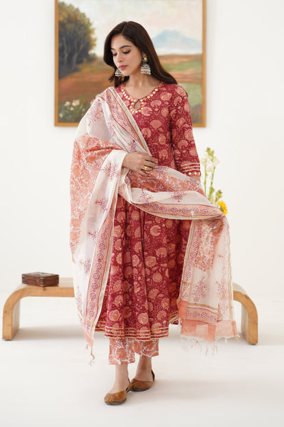 Murraya Red Valentina Mirrorwork Anarkali Set of 3