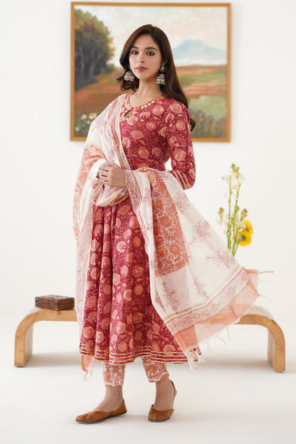 Murraya Red Valentina Mirrorwork Anarkali Set of 3