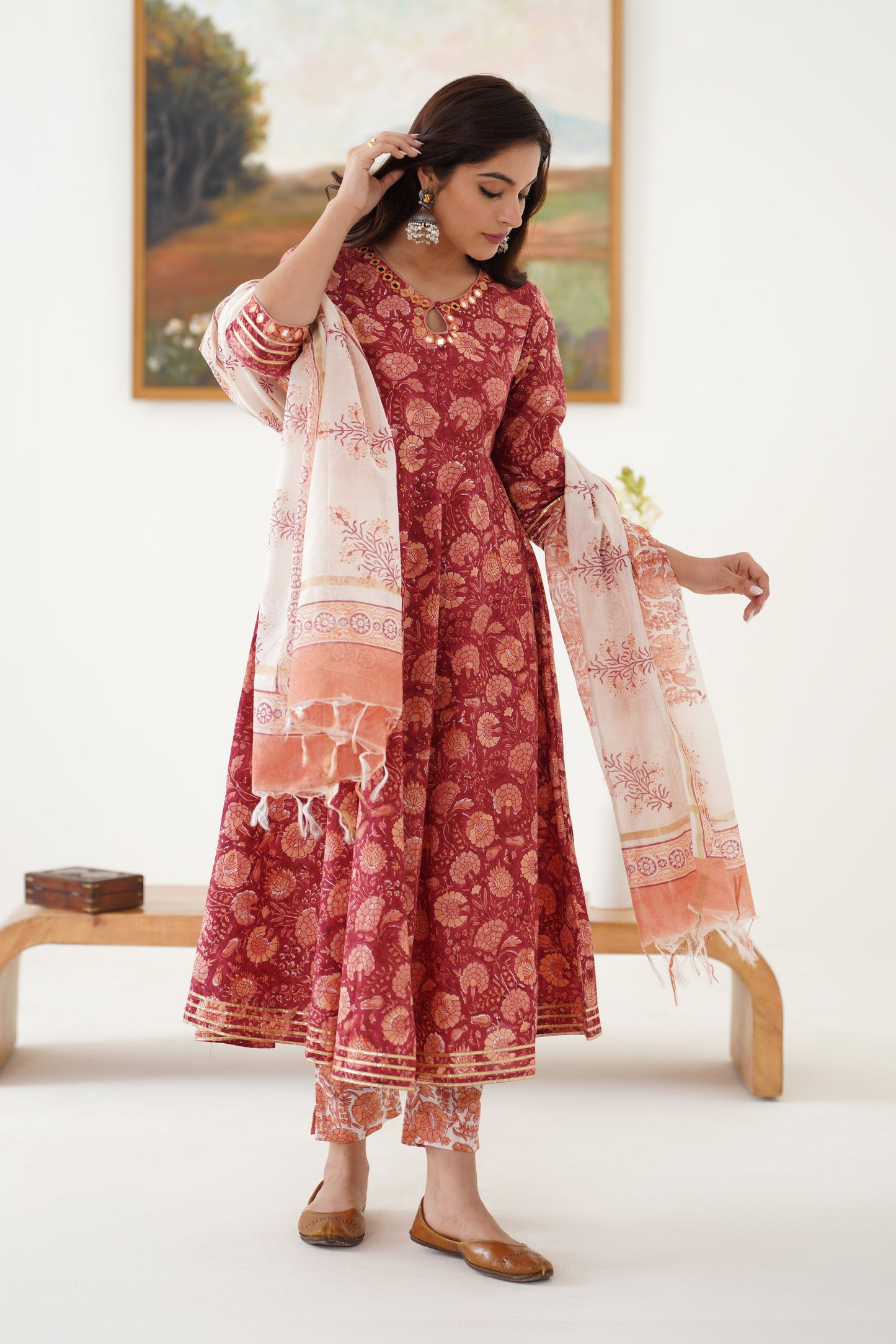 Murraya Red Valentina Mirrorwork Anarkali Set of 3