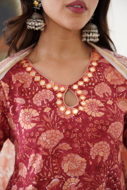 Murraya Red Valentina Mirrorwork Anarkali Set of 3