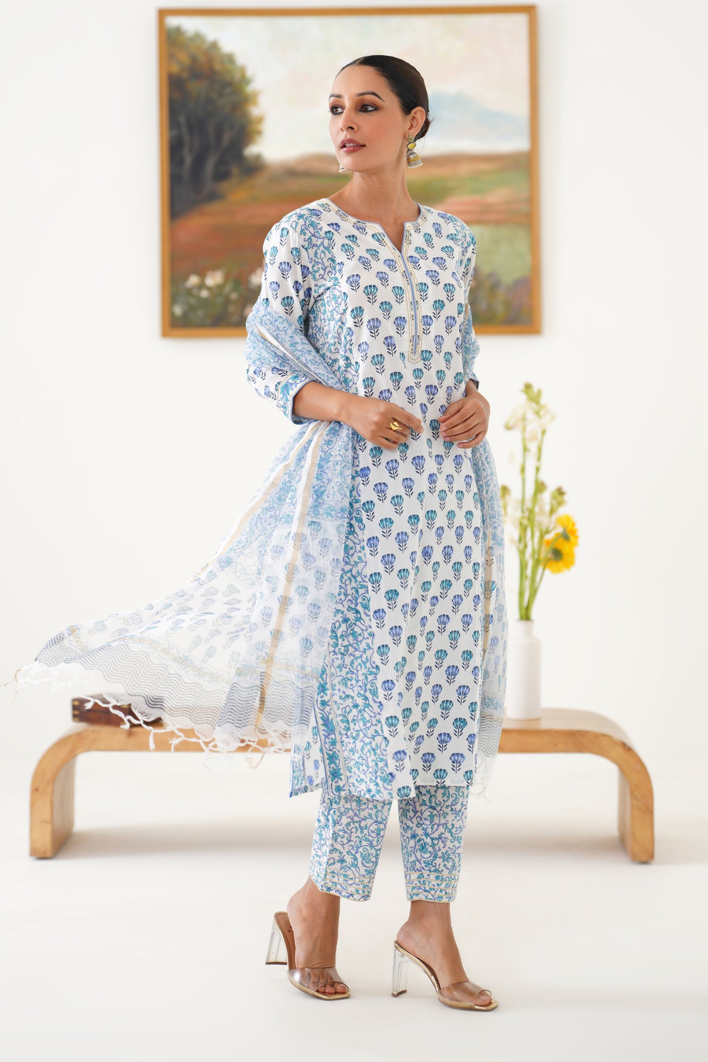 Murraya Blue Azalea Floral Kurta Set of 3