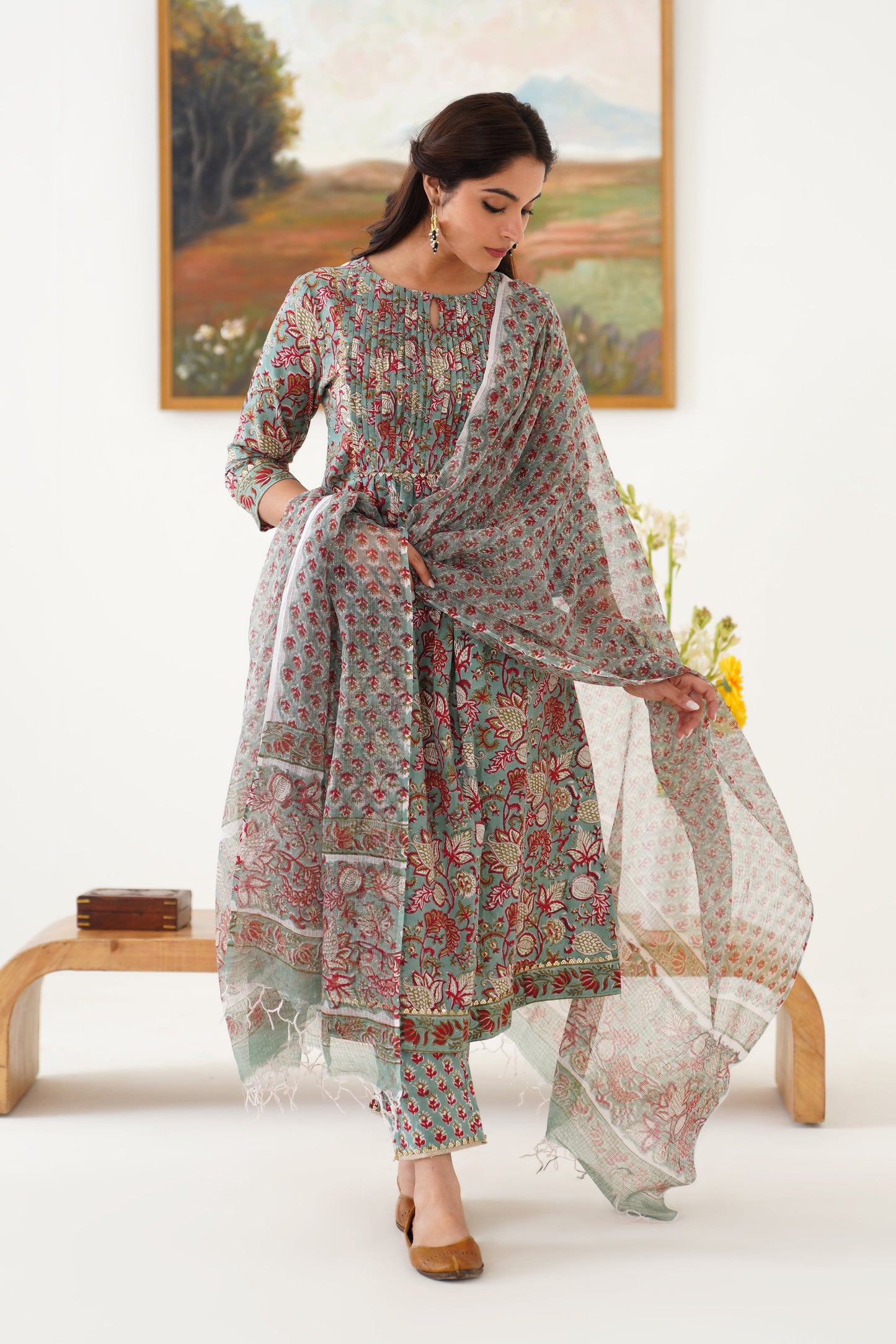 Murraya Green Giselle Pintucks Gathered Kurta Set of 3