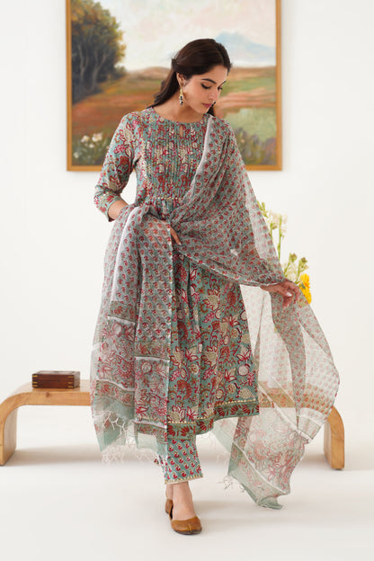 Murraya Green Giselle Pintucks Gathered Kurta Set of 3