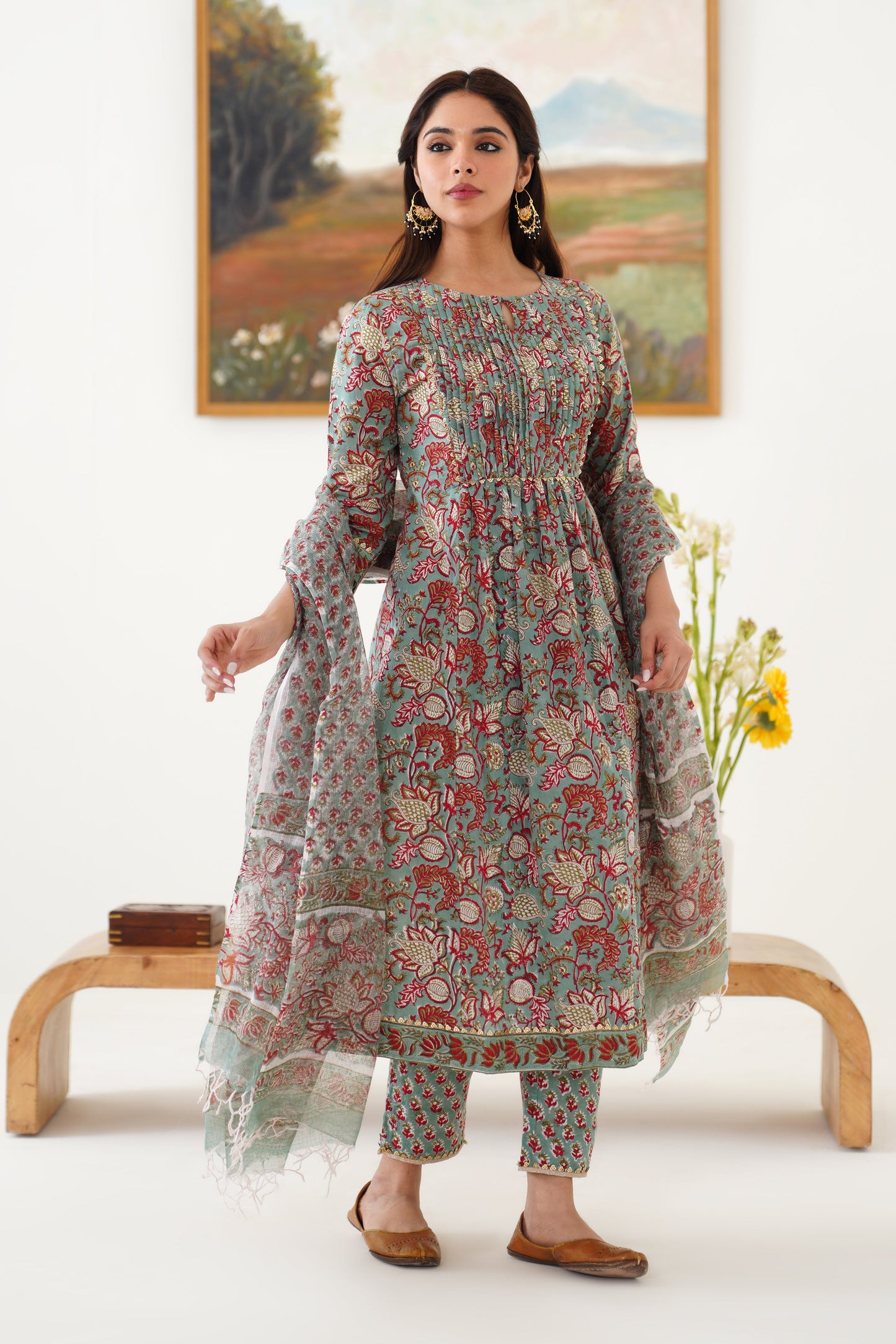 Murraya Green Giselle Pintucks Gathered Kurta Set of 3