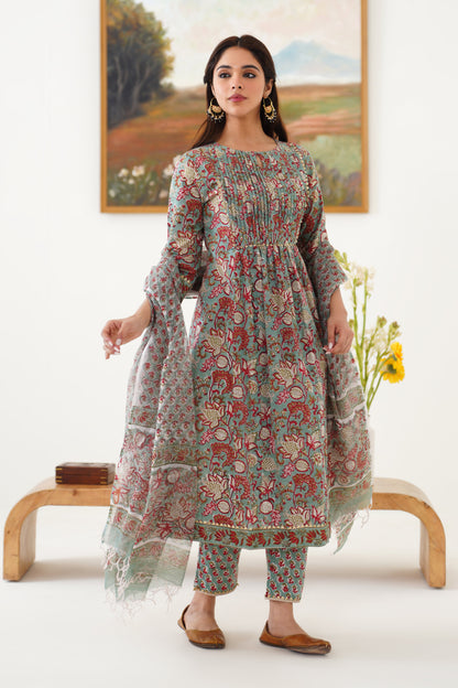 Murraya Green Giselle Pintucks Gathered Kurta Set of 3