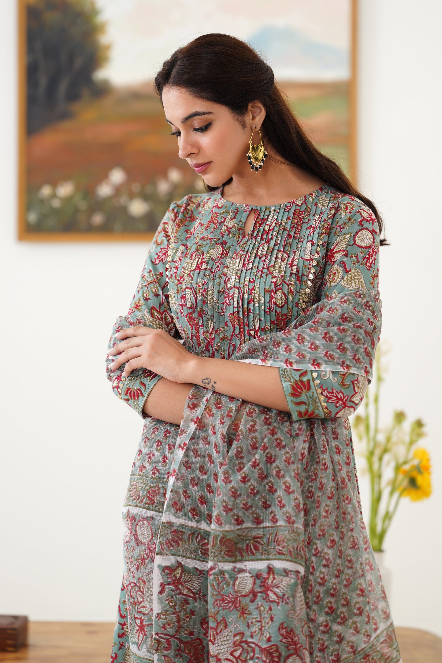 Murraya Green Giselle Pintucks Gathered Kurta Set of 3