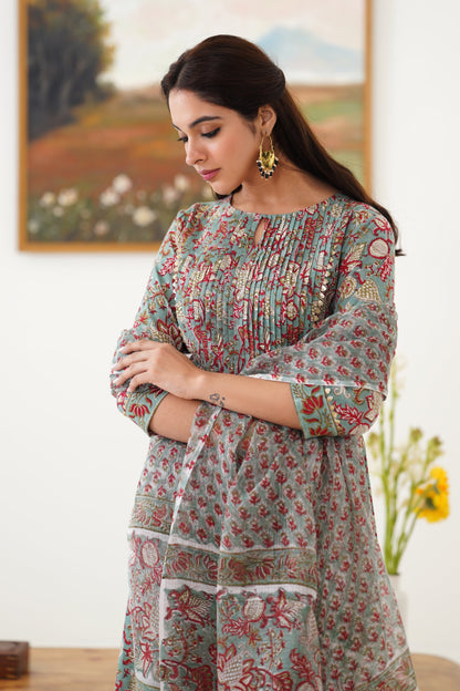 Murraya Green Giselle Pintucks Gathered Kurta Set of 3