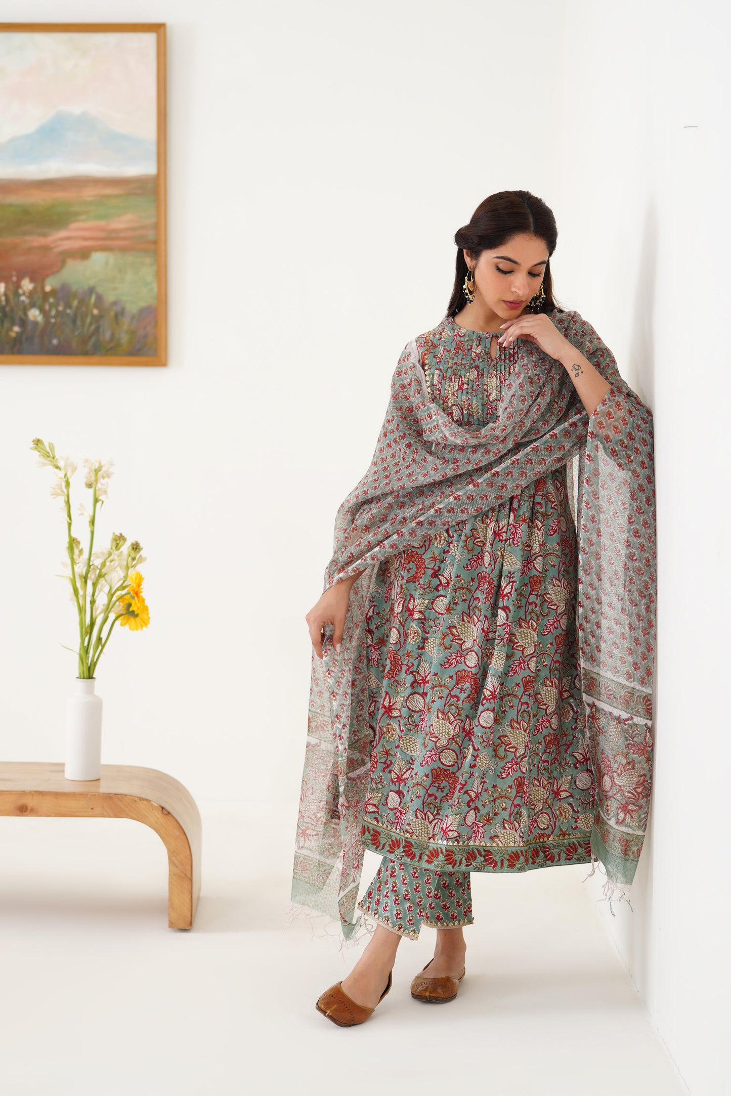 Murraya Green Giselle Pintucks Gathered Kurta Set of 3