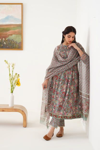 Murraya Green Giselle Pintucks Gathered Kurta Set of 3