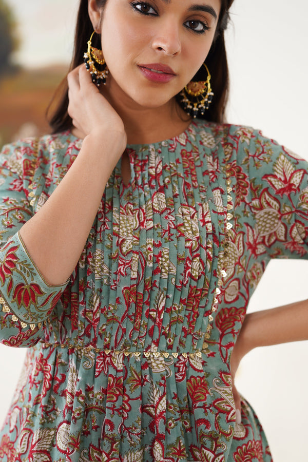 Murraya Green Giselle Pintucks Gathered Kurta Set of 3