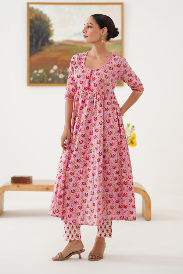 Murraya Pink Daisy Gathered Kurta Set of 3