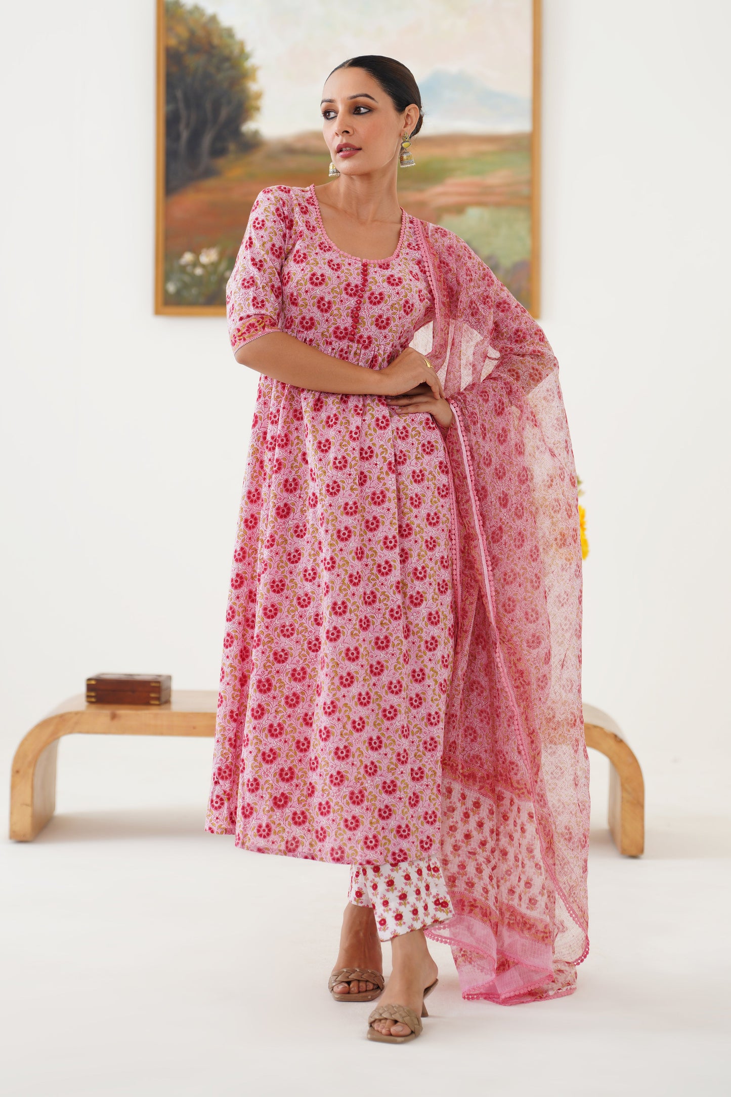 Murraya Pink Daisy Gathered Kurta Set of 3