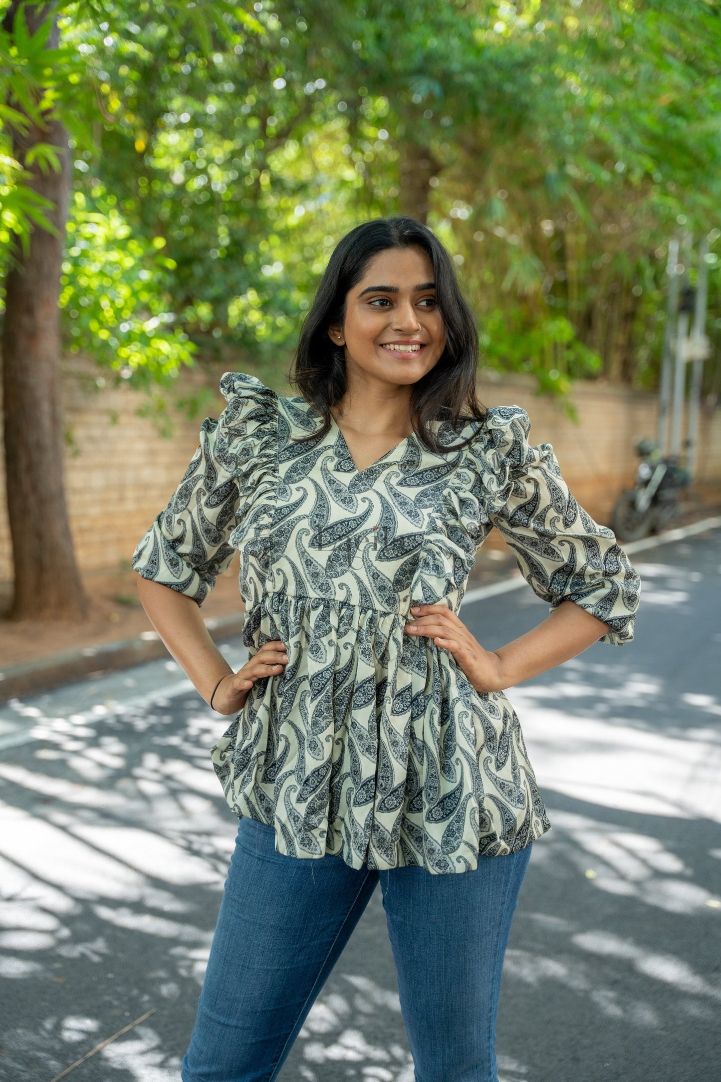 Studio Crepe Satin Ruffle Peplum Top