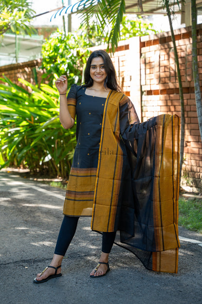 Studio Black With Mustard Pure Kanchi Cotton Top & Dupatta