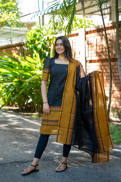 Studio Black With Mustard Pure Kanchi Cotton Top & Dupatta