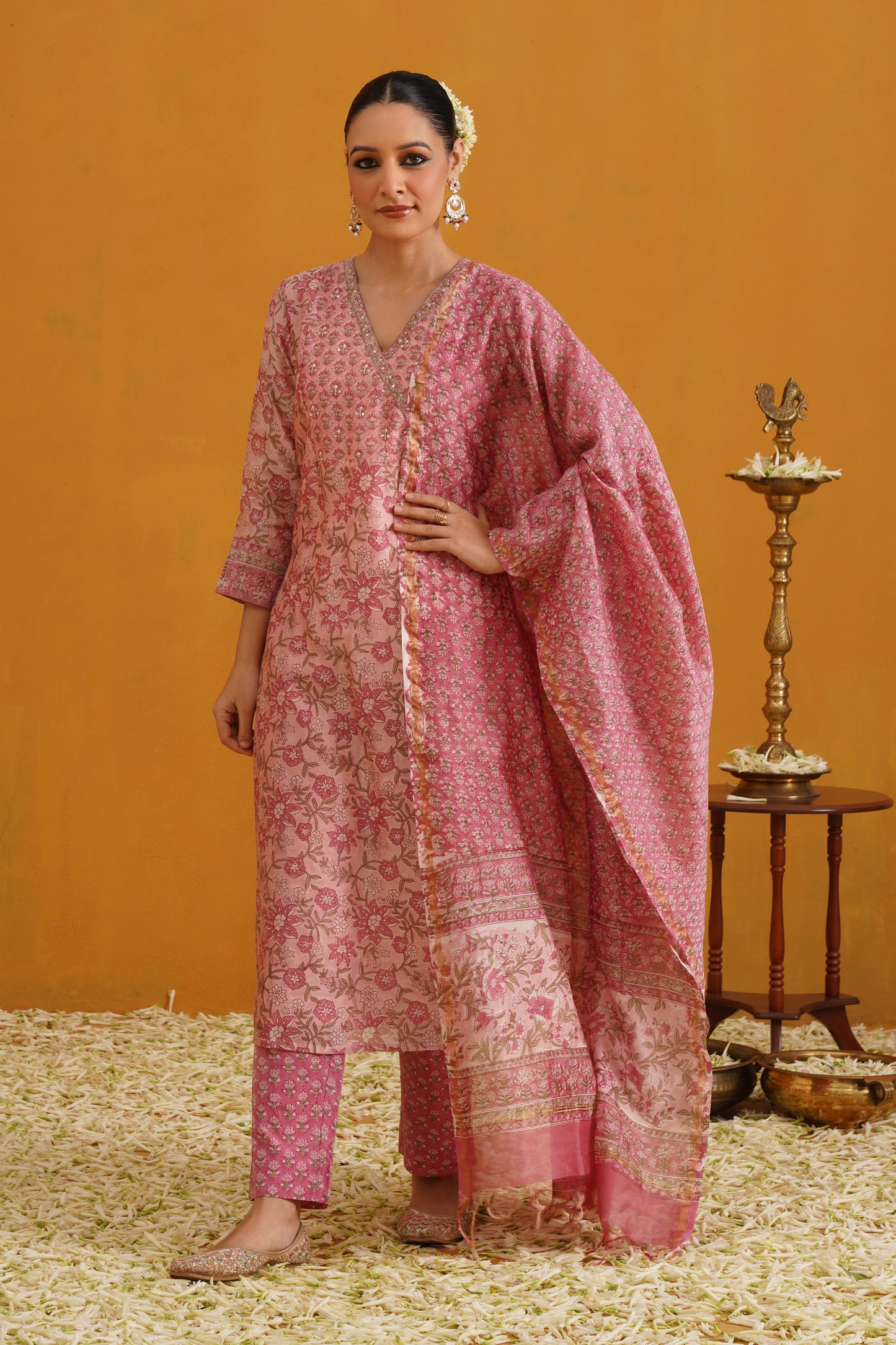 Murraya Pink Paloma Embroidered Chanderi Kurta Set of 3