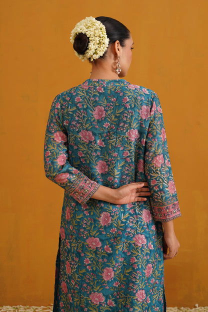 Murraya Turquoise Thea Embroidered Chanderi Kurta Set of 3