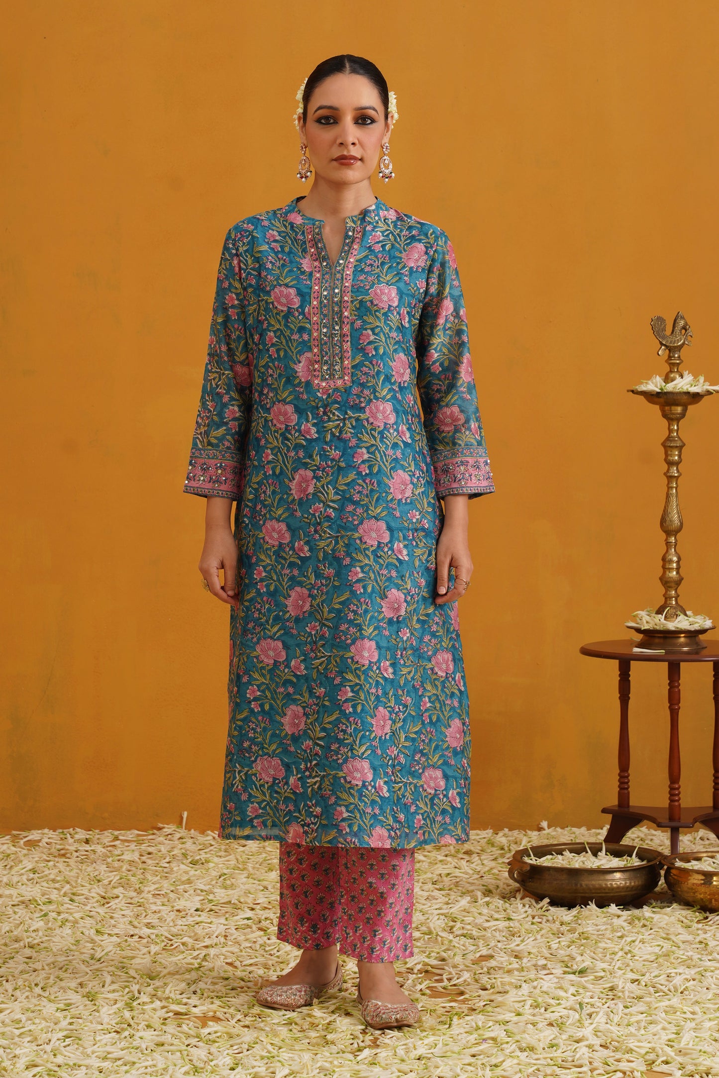 Murraya Turquoise Thea Embroidered Chanderi Kurta Set of 3