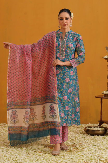 Murraya Turquoise Thea Embroidered Chanderi Kurta Set of 3