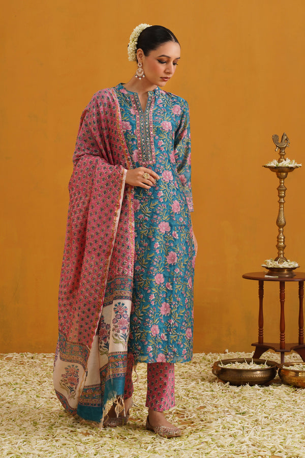 Murraya Turquoise Thea Embroidered Chanderi Kurta Set of 3