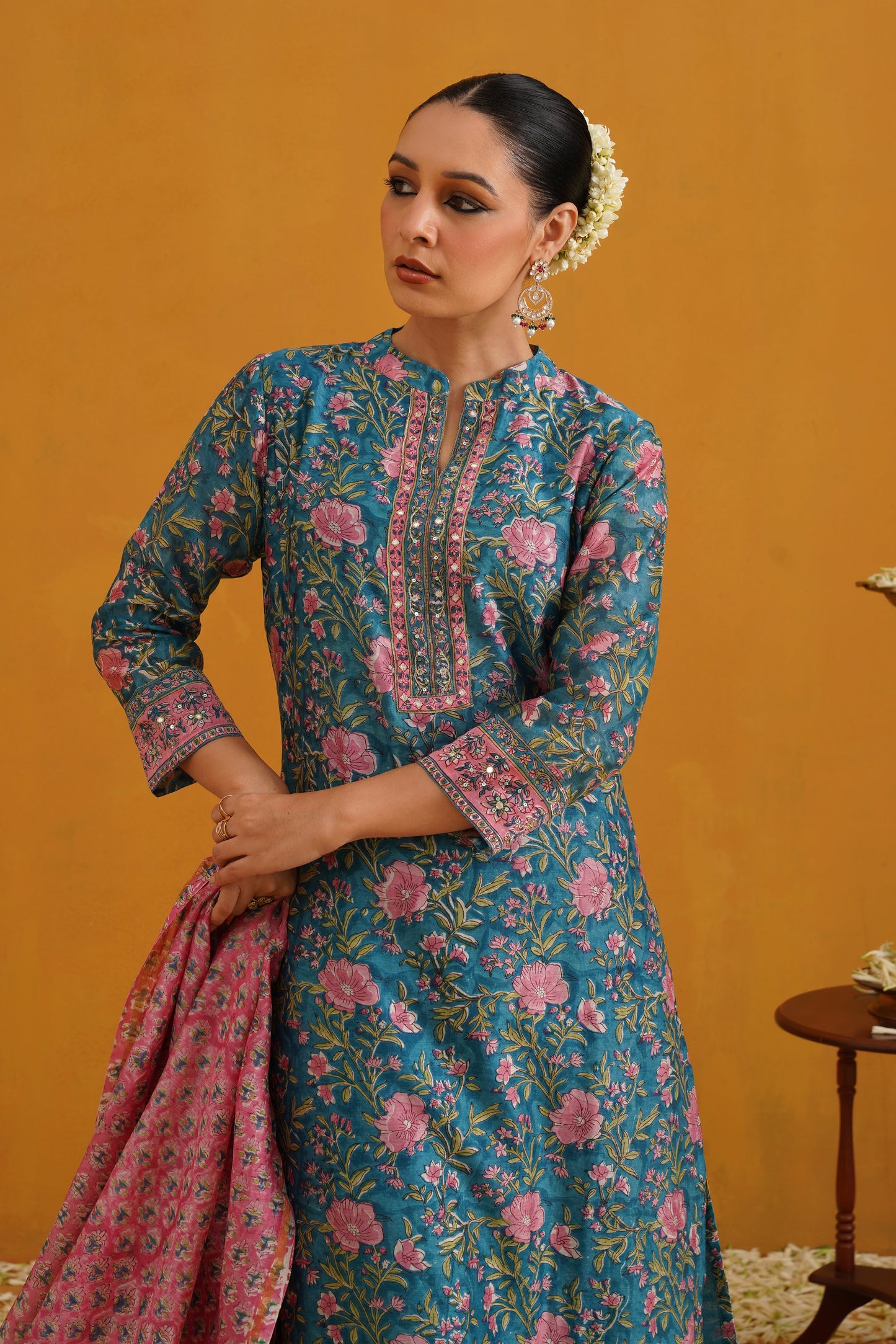 Murraya Turquoise Thea Embroidered Chanderi Kurta Set of 3