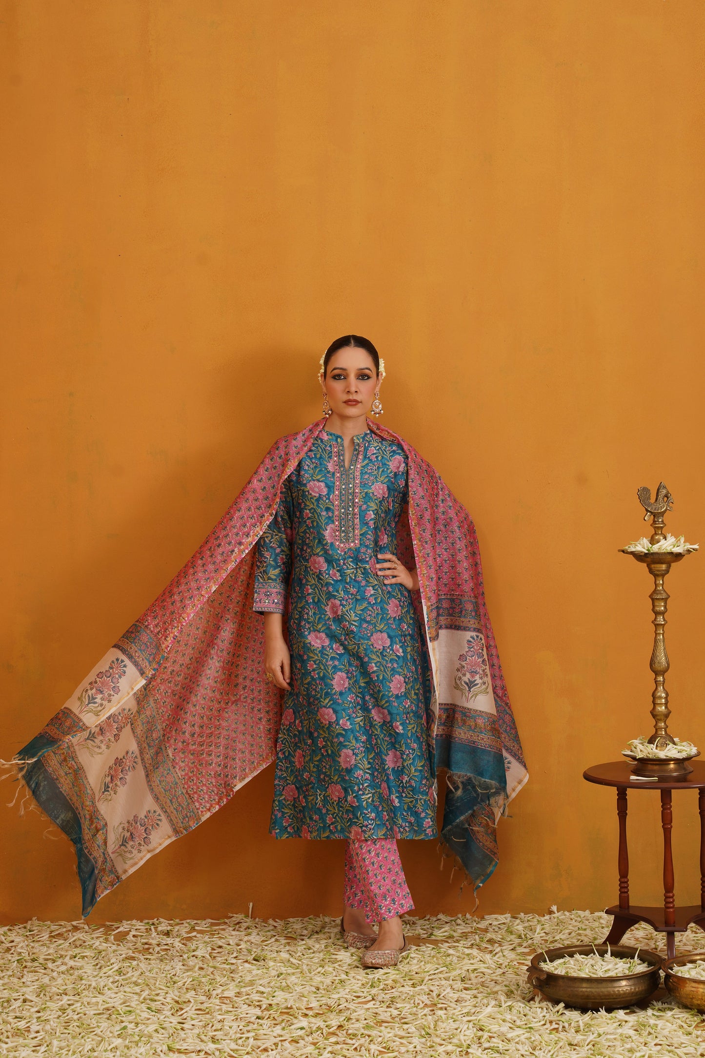 Murraya Turquoise Thea Embroidered Chanderi Kurta Set of 3